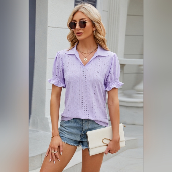 Eyelet Johnny Collar Short Sleeve Lavender Blouse - Picture 2 of 5